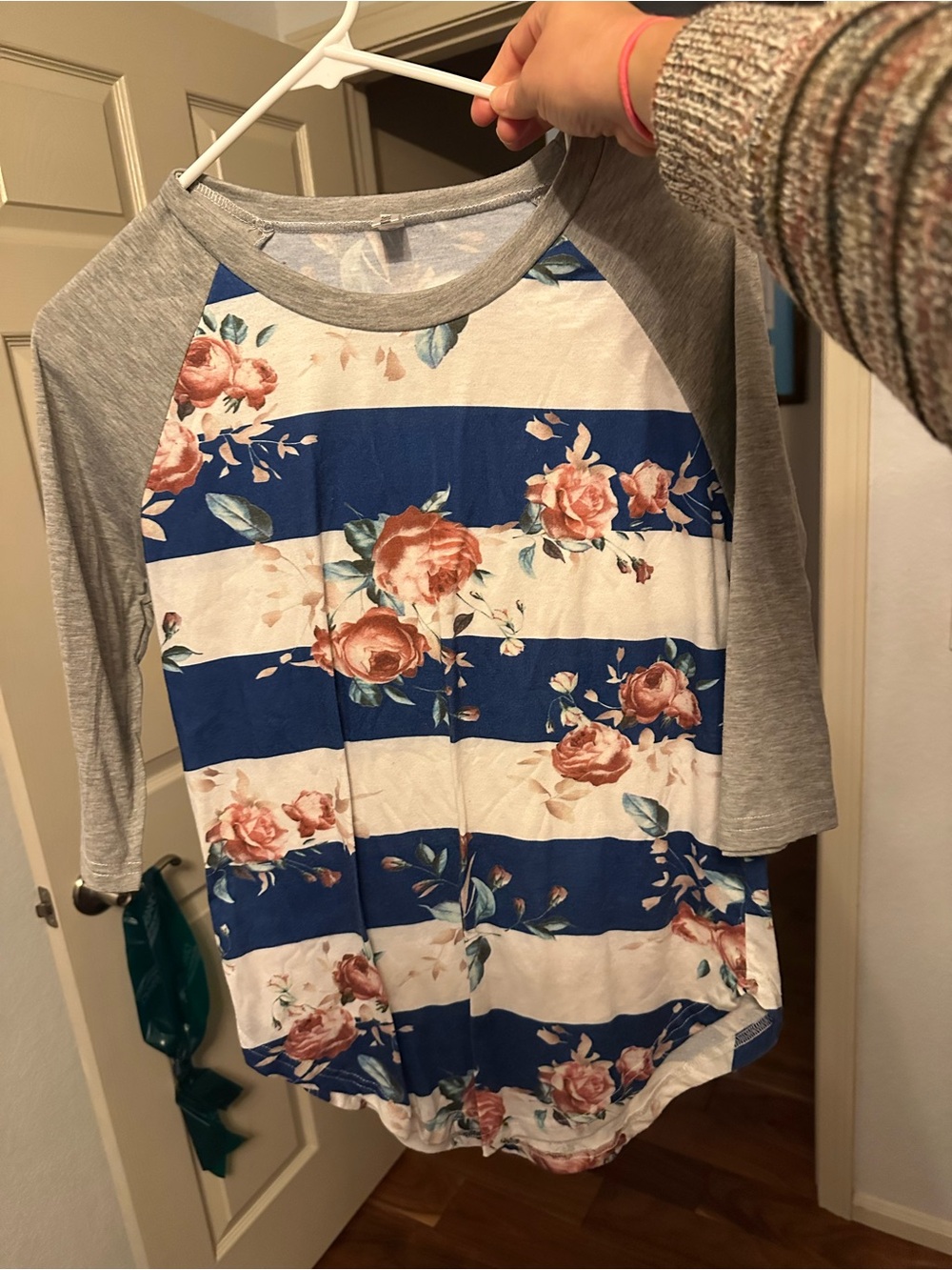 Floral Stripe Raglan Sleeve Top - Blue & Gray